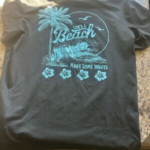 Black Graphic Beach Women’s T-Shirt with Teal Print